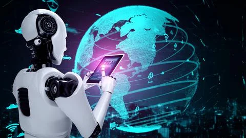 Futuristic robot artificial intelligence huminoid AI transportation analytic Illustrazione stock