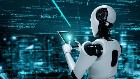 Futuristic robot artificial intelligence huminoid AI programming coding Illustrazione stock