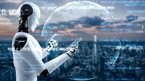 Futuristic robot artificial intelligence huminoid AI programming coding Stock Illustration