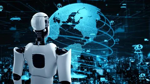 Futuristic robot artificial intelligence huminoid AI transportation analytic Illustrazione stock
