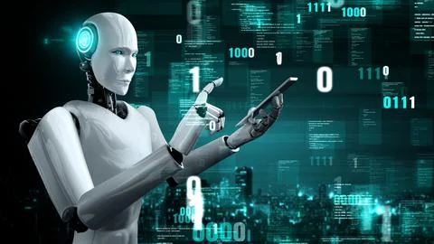 Futuristic robot artificial intelligence huminoid AI programming coding Illustrazione stock