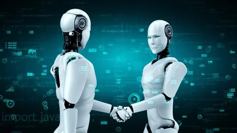 Futuristic robot artificial intelligence huminoid AI programming coding Stock Illustration