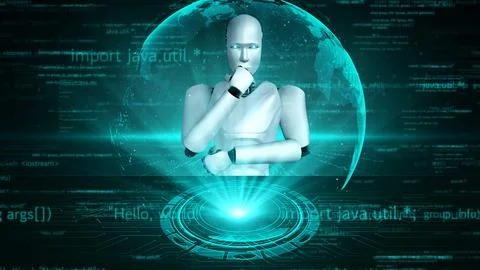 Futuristic robot artificial intelligence huminoid AI programming coding Illustrazione stock
