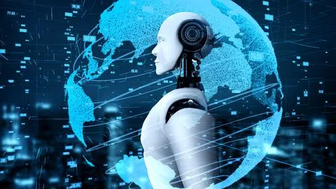 Futuristic robot artificial intelligence huminoid AI data analytic technology Illustrazione stock