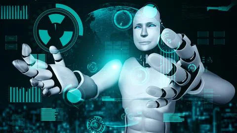 Futuristic robot artificial intelligence huminoid AI for industrial factory Stock Illustration