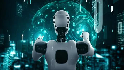 Futuristic robot artificial intelligence huminoid AI programming coding イラスト素材