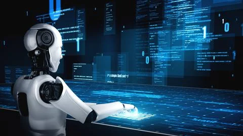 Futuristic robot artificial intelligence huminoid AI programming coding Stock Illustration