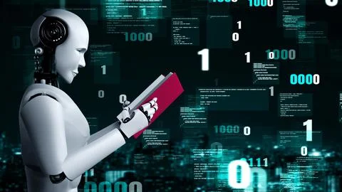 Futuristic robot artificial intelligence huminoid AI programming coding Illustrazione stock