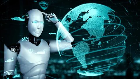 Futuristic robot artificial intelligence huminoid AI transportation analytic Illustrazione stock