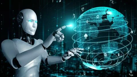 Futuristic robot artificial intelligence huminoid AI for industrial factory Stock Illustration