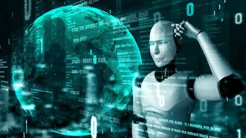 Futuristic robot artificial intelligence huminoid AI programming coding Stock Illustration