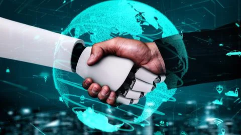 Futuristic robot artificial intelligence huminoid AI transportation analytic Illustrazione stock