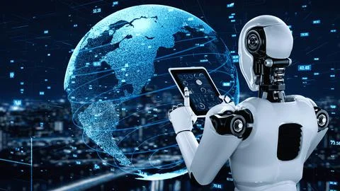 Futuristic robot artificial intelligence huminoid AI data analytic technology Stock Illustration