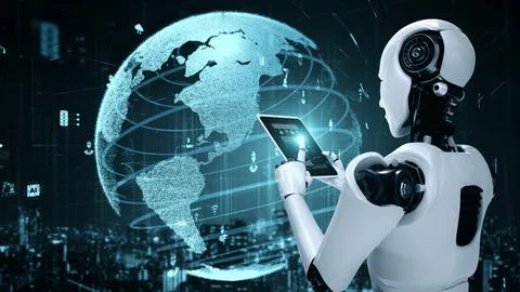 Futuristic robot artificial intelligence huminoid AI for industrial factory Stock Illustration