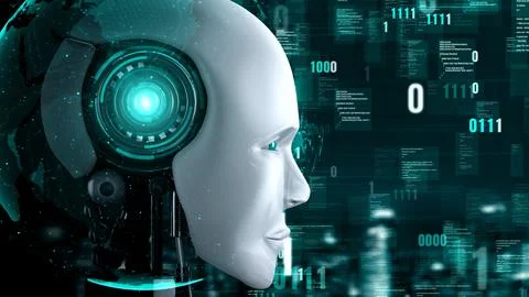 Futuristic robot artificial intelligence huminoid AI programming coding Stock Illustration