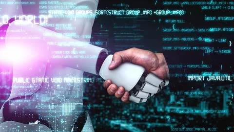 Futuristic robot artificial intelligence huminoid AI programming coding Stock Illustration