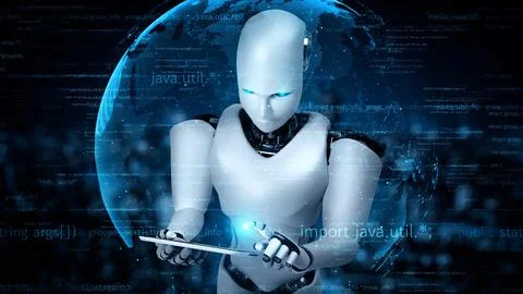 Futuristic robot artificial intelligence huminoid AI programming coding Stock Illustration