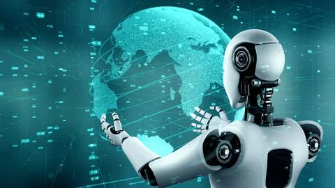 Futuristic robot artificial intelligence huminoid AI data analytic technology Illustrazione stock