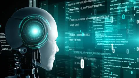 Futuristic robot artificial intelligence huminoid AI programming coding Illustrazione stock