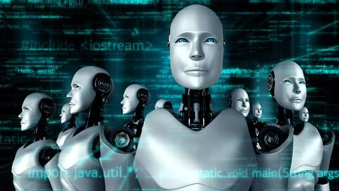 Futuristic robot artificial intelligence huminoid AI programming coding Stock Illustration