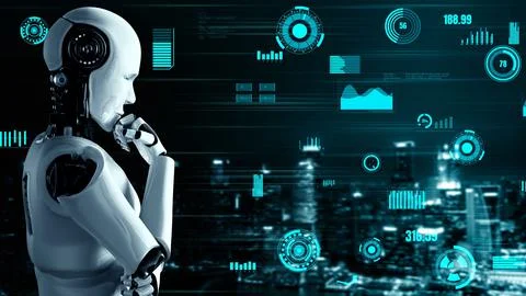 Futuristic robot artificial intelligence huminoid AI for industrial factory Illustrazione stock