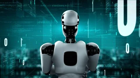 Futuristic robot artificial intelligence huminoid AI programming coding Stock-Illustration