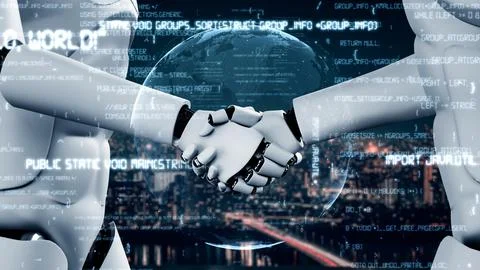 Futuristic robot artificial intelligence huminoid AI programming coding Stock Illustration