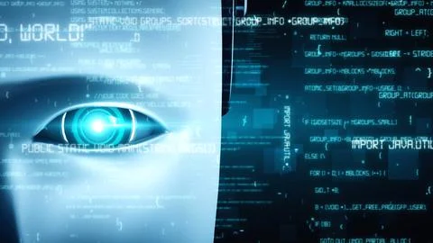 Futuristic robot artificial intelligence huminoid AI programming coding Illustrazione stock