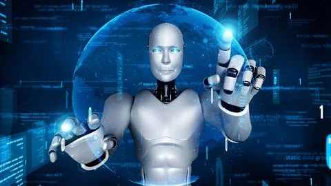 Futuristic robot artificial intelligence huminoid AI programming coding Stock Illustration