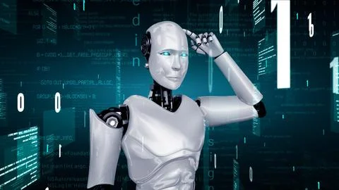 Futuristic robot artificial intelligence huminoid AI programming coding Illustrazione stock