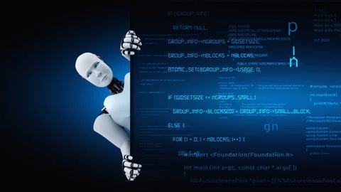 Futuristic robot artificial intelligence huminoid AI programming coding Stock Illustration