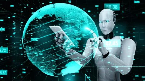 Futuristic robot artificial intelligence huminoid AI data analytic technology Stock Illustration