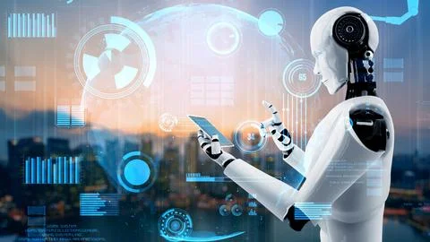 Futuristic robot artificial intelligence huminoid AI for industrial factory Stock Illustration