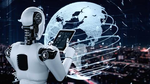 Futuristic robot artificial intelligence huminoid AI transportation analytic Illustrazione stock