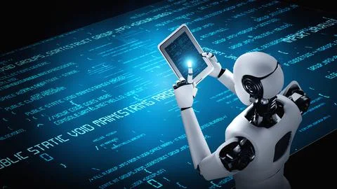 Futuristic robot artificial intelligence huminoid AI programming coding Stock-Illustration