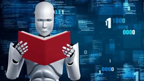 Futuristic robot artificial intelligence huminoid AI programming coding Illustrazione stock