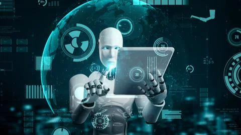 Futuristic robot artificial intelligence huminoid AI for industrial factory Stock Illustration