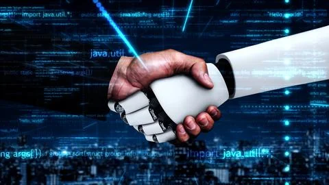 Futuristic robot artificial intelligence huminoid AI programming coding Illustrazione stock