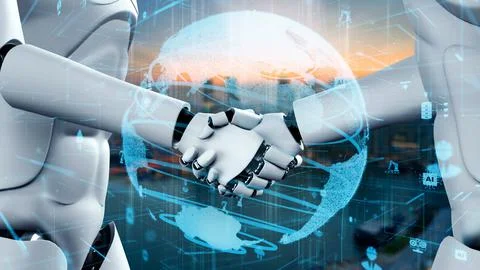 Futuristic robot artificial intelligence huminoid AI for industrial factory Illustrazione stock