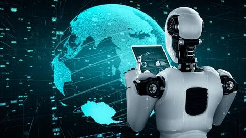 Futuristic robot artificial intelligence huminoid AI data analytic technology Illustrazione stock