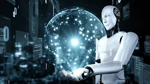 Futuristic robot artificial intelligence huminoid AI programming coding Stock Illustration