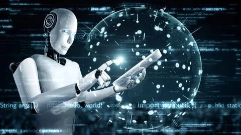 Futuristic robot artificial intelligence huminoid AI programming coding Stock Illustration