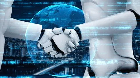 Futuristic robot artificial intelligence huminoid AI programming coding Stock-Illustration