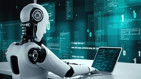 Futuristic robot artificial intelligence huminoid AI programming coding Illustrazione stock