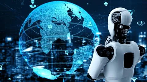 Futuristic robot artificial intelligence huminoid AI for industrial factory Stock Illustration