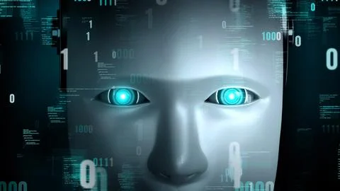 Futuristic robot artificial intelligence huminoid AI programming coding Illustrazione stock