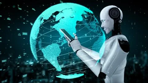 Futuristic robot artificial intelligence huminoid AI data analytic technology Illustrazione stock