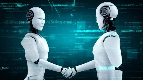 Futuristic robot artificial intelligence huminoid AI programming coding Stock Illustration