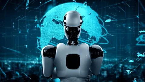Futuristic robot artificial intelligence huminoid AI transportation analytic Illustrazione stock