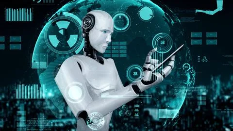 Futuristic robot artificial intelligence huminoid AI for industrial factory Stock Illustration